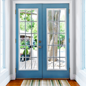 Locks for wooden doors - Choosing the Right Locks for Your Wooden Doors - a double french door framed in light blue with a view of a tree trunk